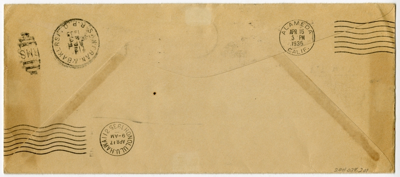Image: airmail flight cover: Pan American Airways, first Pacific survey flight, Hawaii - California and return route
