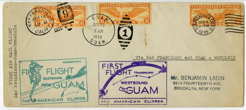 Image: airmail flight cover: Pan American Airways, Fourth Pacific survey flight, San Francisco - Guam - Honolulu route