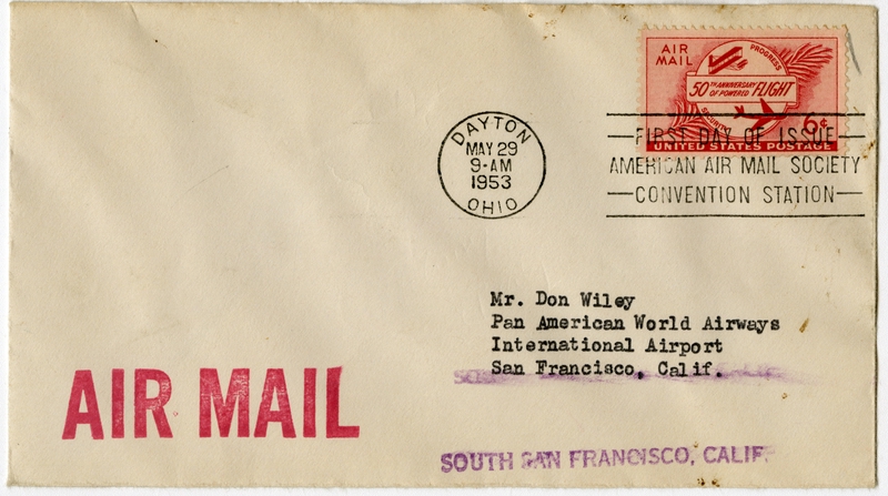Image: airmail flight cover: First day of issue, stamp commemorating 50th anniversary of powered flight