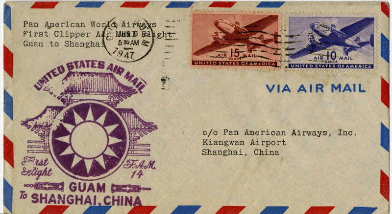 Image: airmail flight cover: Pan American World Airways, FAM-14 , Guam - Shanghai