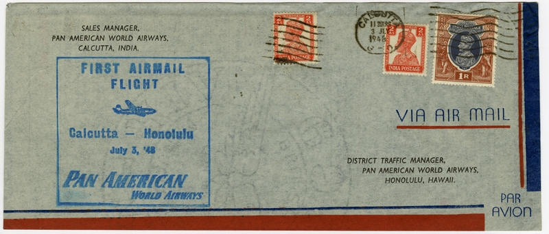 Image: airmail flight cover: Pan American World Airways, first airmail flight, Calcutta - Honolulu route