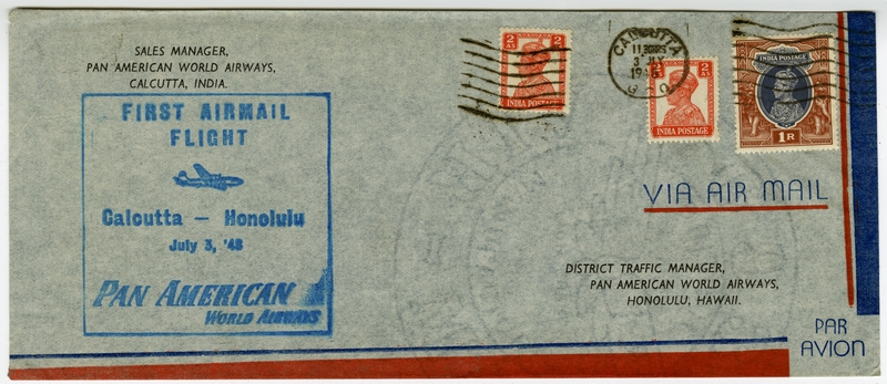 Image: airmail flight cover: Pan American World Airways, first airmail flight, Calcutta - Honolulu route