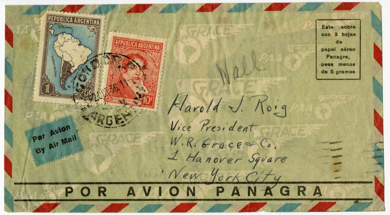 Image: airmail flight cover: Panagra (Pan American-Grace Airways), Cordoba - Mendoza (Argentina) route