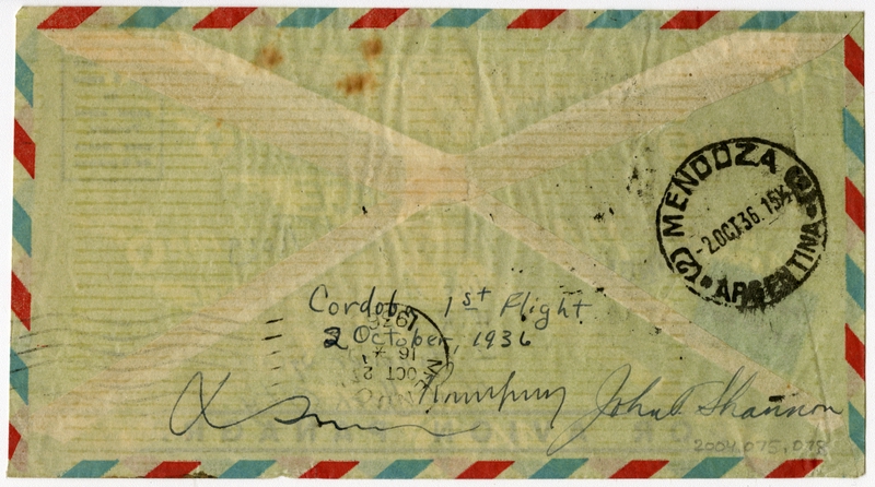 Image: airmail flight cover: Panagra (Pan American-Grace Airways), Cordoba - Mendoza (Argentina) route