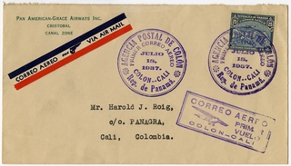 Image: airmail flight cover: Panagra (Pan American-Grace Airways), first airmail flight, Colon (Panama) - Cali (Columbia)