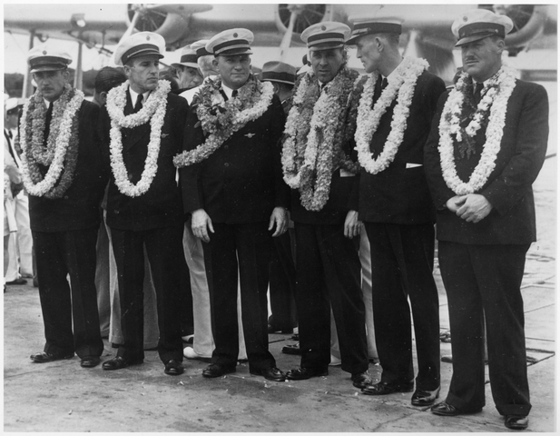 Photograph: Pan American Airways, Sikorsky S-42, survey flight crew with leis