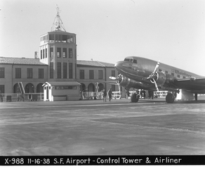 Image: negative: San Francisco Airport, United Air Lines, Douglas DC-3 Mainliner