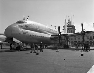 Image: negative: San Francisco Airport, Administration Building and U.S. Navy Lockheed ‘Constitution’