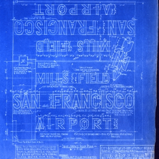 Image #2: architectural drawing: Mills Field Municipal Airport of San Francisco, Letters on Roof of Hangar No. 1