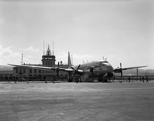 Image: negative: San Francisco International Airport (SFO), Central Terminal and Lockheed R6V Constitution
