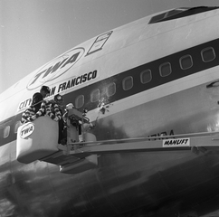 Image: negative: San Francisco International Airport (SFO), inaugural TWA (Trans World Airlines) Boeing 747 flight