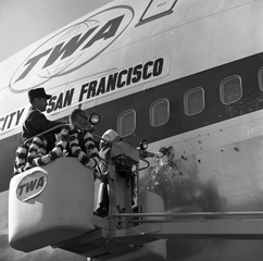 Image: negative: San Francisco International Airport (SFO), inaugural TWA (Trans World Airlines) Boeing 747 flight