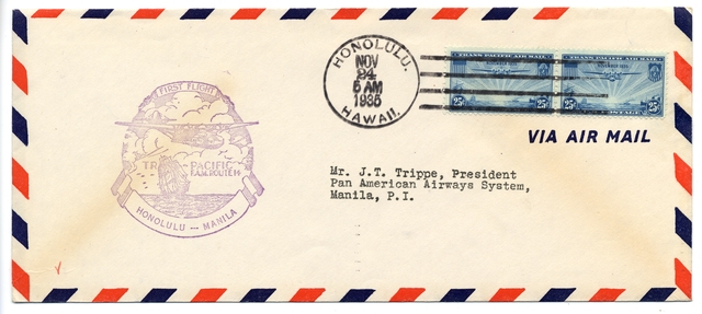 Airmail flight cover: Pan American Airways, FAM-14, Honolulu - Manila route