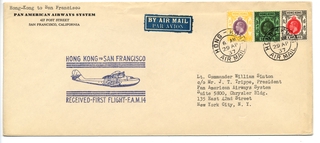 Image: airmail flight cover: Pan American Airways, FAM-14, Hong Kong - San Francisco route