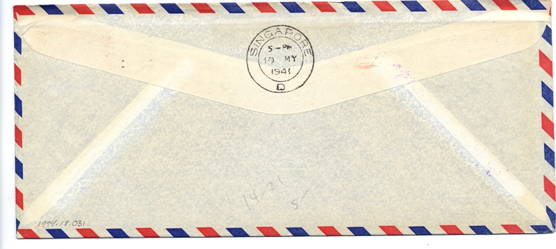 Image: airmail flight cover: Pan American Airways, Honolulu - Singapore route