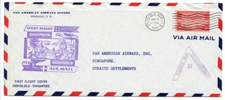 Image: airmail flight cover: Pan American Airways, Honolulu - Singapore route