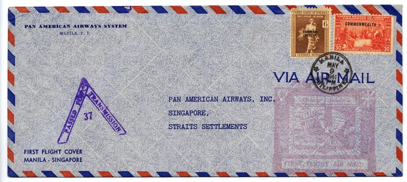Image: airmail flight cover: Pan American Airways, Manila - Singapore route