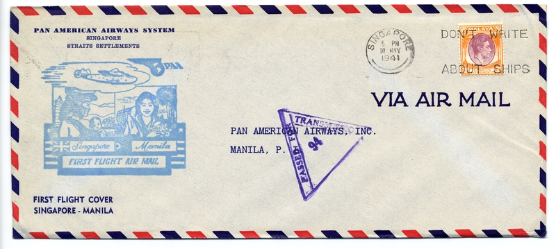 Image: airmail flight cover: Pan American Airways, Singapore - Manila route