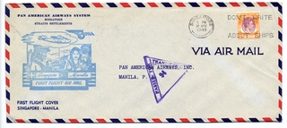 Image: airmail flight cover: Pan American Airways, Singapore - Manila route