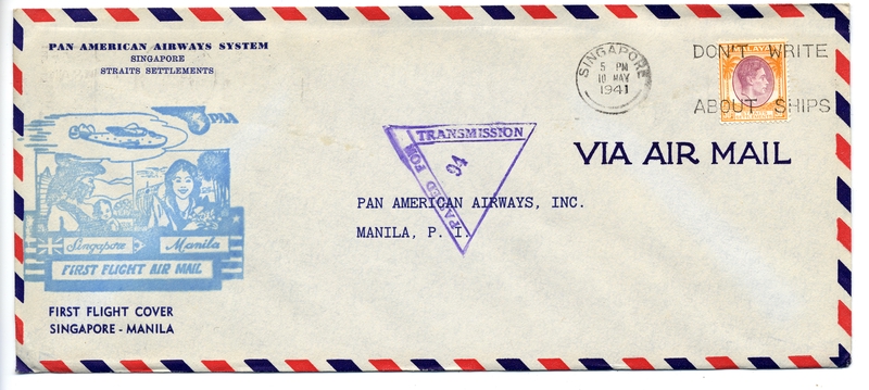 Image: airmail flight cover: Pan American Airways, Singapore - Manila route