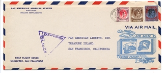 Image: airmail flight cover: Pan American Airways, Singapore - San Francisco route