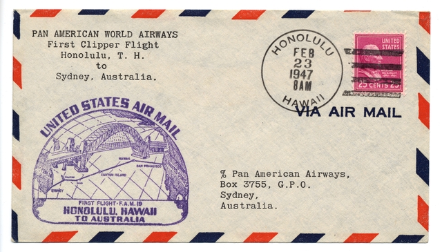 Airmail flight cover: Pan American World Airways, FAM-19, Honolulu - Sydney route