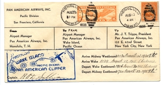 Image: airmail flight cover: Pan American Airways, Honolulu - Wake Island - New York route