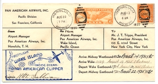 Image: airmail flight cover: Pan American Airways, Honolulu - Wake Island - New York route