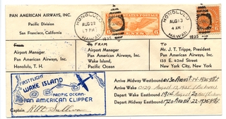 Image: airmail flight cover: Pan American Airways, Wake Island, R.O.D. Sullivan