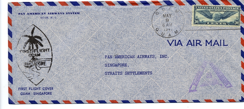 Image: airmail flight cover: Pan American Airways, Guam - Singapore route