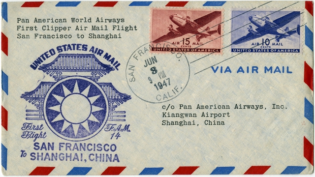 Airmail flight cover: Pan American World Airways, FAM-14, San Francisco - Shanghai route