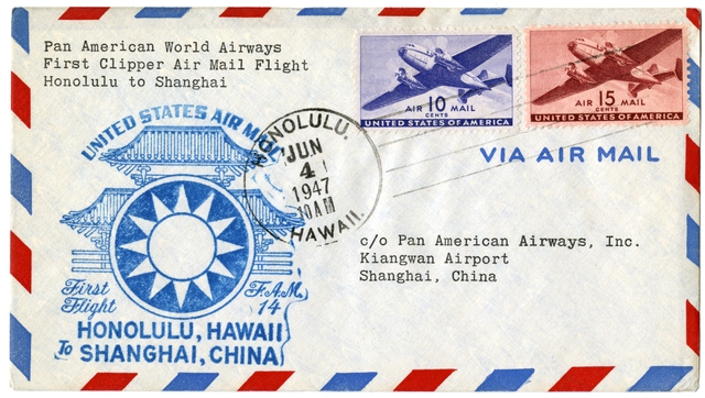 Airmail flight cover: Pan American World Airways, FAM-14, Honolulu - Shanghai route