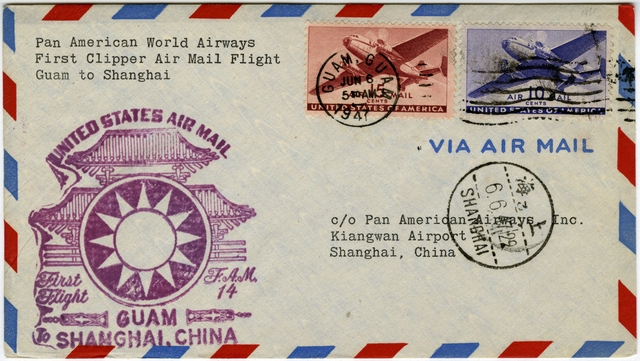 Airmail flight cover: Pan American World Airways, FAM-14, Guam - Shanghai route