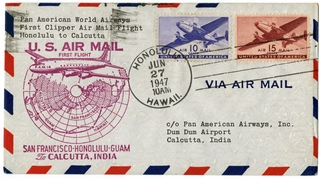 Image: airmail flight cover: Pan American World Airways, FAM-14, Honolulu - Calcutta route