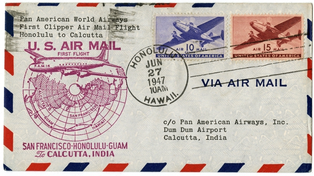 Airmail flight cover: Pan American World Airways, FAM-14, Honolulu - Calcutta route