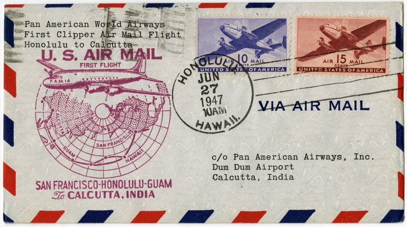 Image: airmail flight cover: Pan American World Airways, FAM-14, Honolulu - Calcutta route