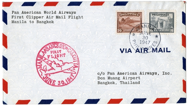 Airmail flight cover: Pan American World Airways, Manila - Bangkok route