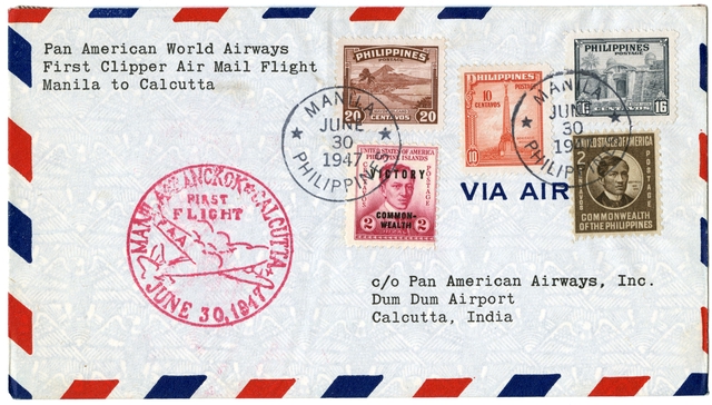 Airmail flight cover: Pan American World Airways, Manila - Calcutta route
