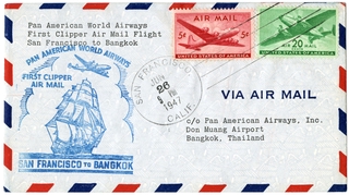 Image: airmail flight cover: Pan American World Airways, San Francisco - Bangkok route