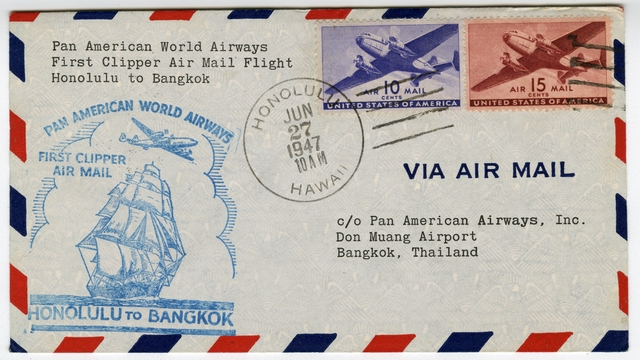 Airmail flight cover: Pan American World Airways, Honolulu - Bangkok route