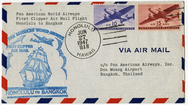 Airmail flight cover: Pan American World Airways, Honolulu - Bangkok route