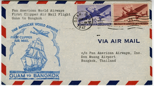 Airmail flight cover: Pan American World Airways, Guam - Bangkok route