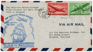 Image: airmail flight cover: Pan American World Airways, Guam - Bangkok route