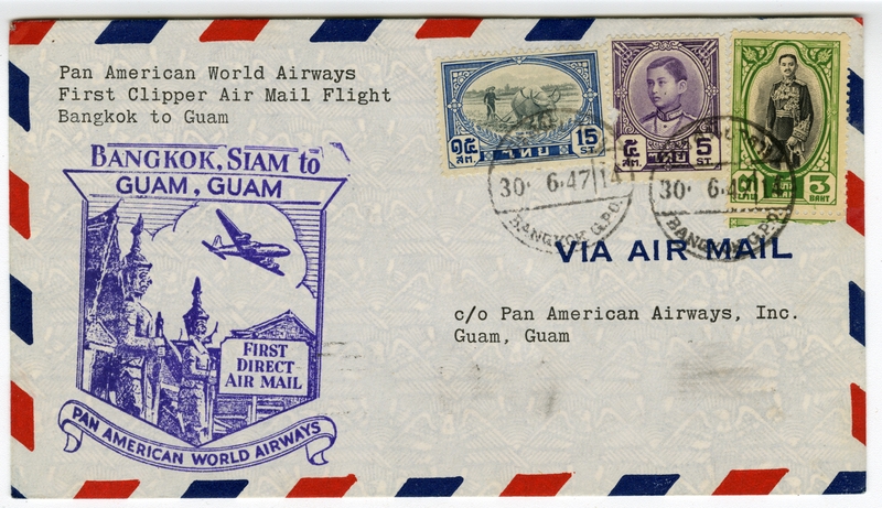 Image: airmail flight cover: Pan American World Airways, Bangkok - Guam route