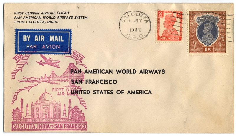 Image: airmail flight cover: Pan American World Airways, Calcutta - San Francisco route