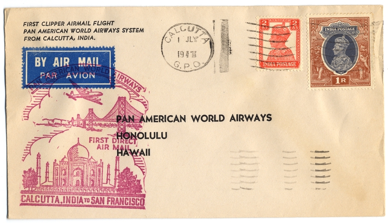 Image: airmail flight cover: Pan American World Airways, Calcutta - Honolulu route