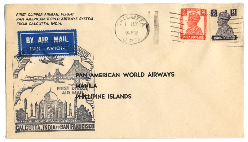 Image: airmail flight cover: Pan American World Airways, Calcutta - Manila route