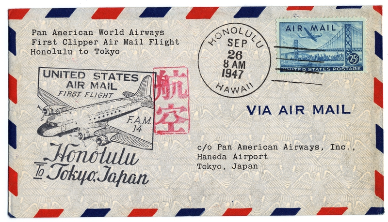 Image: airmail flight cover: Pan American World Airways, FAM-14, Honolulu - Tokyo route