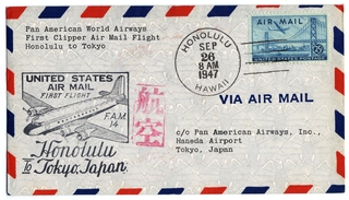 Image: airmail flight cover: Pan American World Airways, FAM-14, Honolulu - Tokyo route
