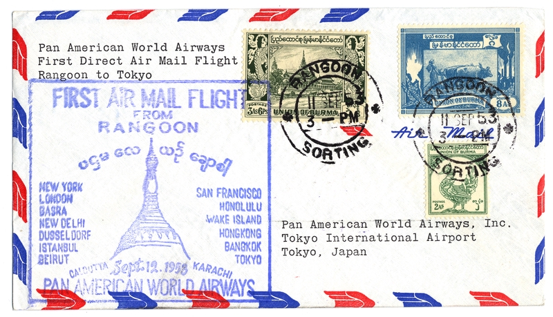 Image: airmail flight cover: Pan American World Airways, Rangoon - Tokyo route